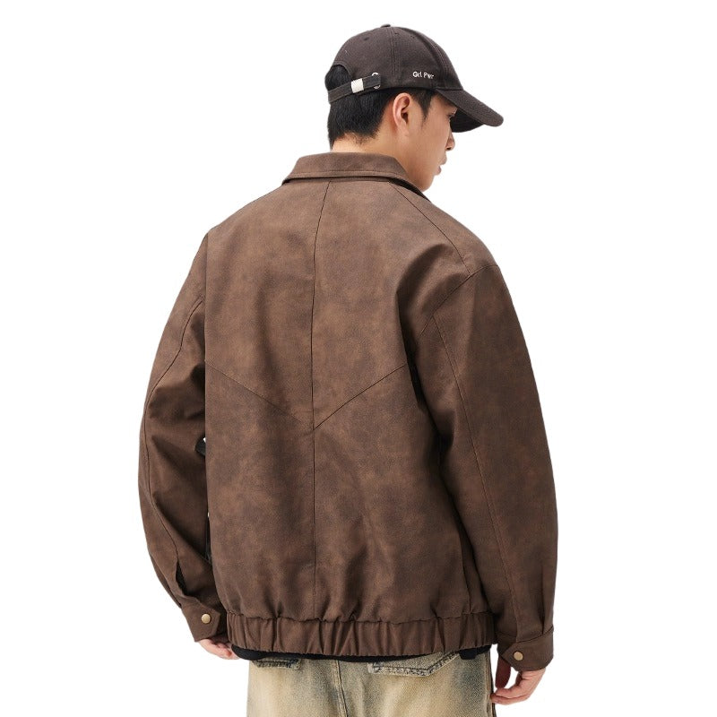 Premium Men's Retro PU Suede Bomber Jacket - Distressed Utility Coat, Spring/Autumn 2025