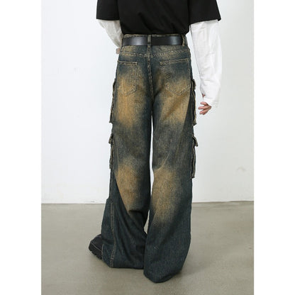 Vintage Cargo Jeans Men's Retro Utility Workwear Pants - Relaxed Straight Leg, Multi-Pocket Design & Comfort Stretch Fit- High Street Urban Streetwear