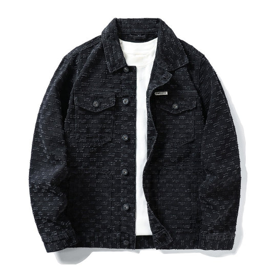 Men's Vintage Jacquard Denim Jacket - Distressed Oversized Streetwear Coat with Metal Hardware