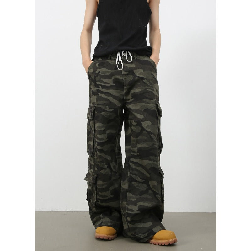 Men's Streetwear Vintage Camo Cargo Pants Wide Distressed Jeans American Retro High Street Loose Straight Wide Leg Oversized Trousers