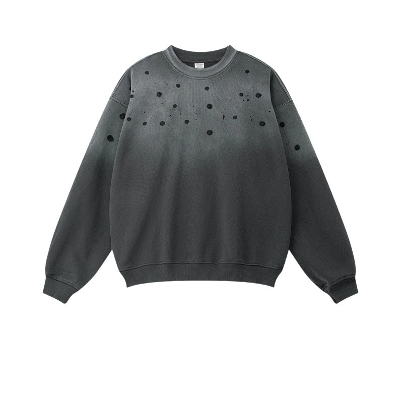 Men's 2025 American High Street Heavyweight French Terry Crewneck Sweatshirt - Oversized Drop Shoulder Eye-Catching Distressed Paint Splatter Layering Essential