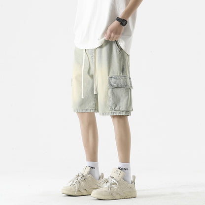 Trending Men's Elastic Waist Denim Cargo Shorts - Oversized Street Style with 6 Pockets, Unisex Baggy Fit for Travel Gym Hiking