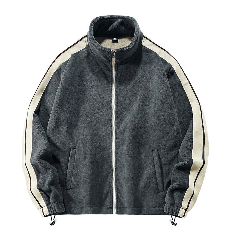 2025 Men's Thermal Fleece Jacket - Windproof Heavyweight Coat with Stand Collar & Color Block Design for Hiking/Camping