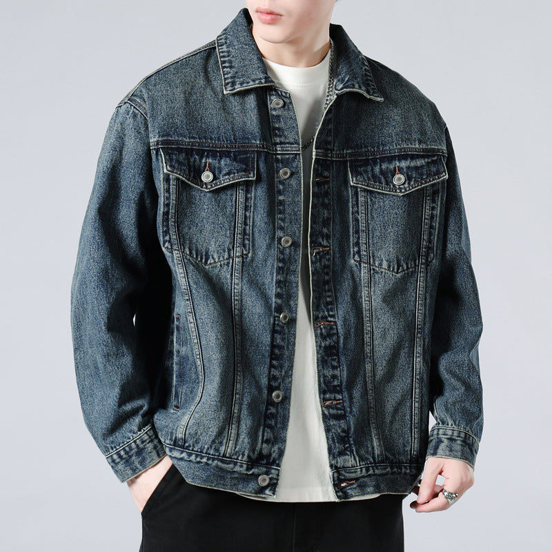 Men's Autumn Black Denim Jacket - Retro Workwear Style with Utility Pockets, Oversized Fit Casual Streetwear