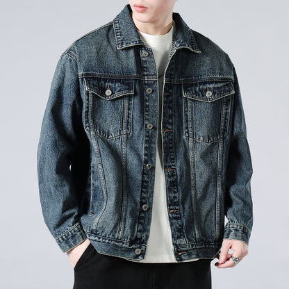 Men's Autumn Black Denim Jacket - Retro Workwear Style with Utility Pockets, Oversized Fit Casual Streetwear