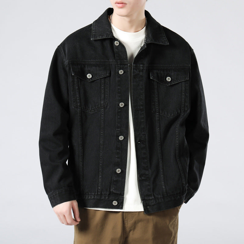 Men's Autumn Black Denim Jacket - Retro Workwear Style with Utility Pockets, Oversized Fit Casual Streetwear