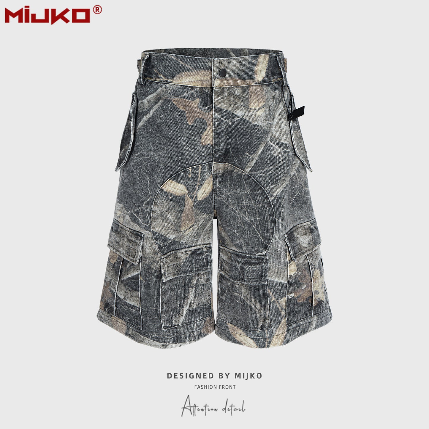 Unisex Adjustable Waist Camo Cargo Shorts - Distressed Denim with Eco Enzyme Wash - Military Utility Style for Men & Women