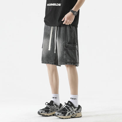 Trending Men's Elastic Waist Denim Cargo Shorts - Oversized Street Style with 6 Pockets, Unisex Baggy Fit for Travel Gym Hiking