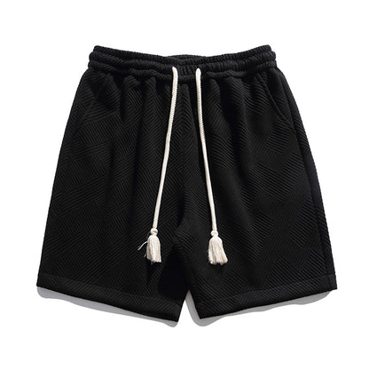 Japanese-Style Heavyweight Cotton Jacquard Drawstring Shorts - Men's Relaxed Casual Summer Shorts with Tassel Detail