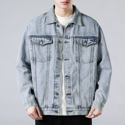 Men's Autumn Black Denim Jacket - Retro Workwear Style with Utility Pockets, Oversized Fit Casual Streetwear