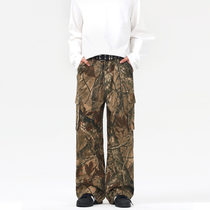 Mens Trendy Baggy Camo Jeans American Retro Streetwear Loose Fit Outdoor Casual Pants Urban Fashion Branch Design New Look