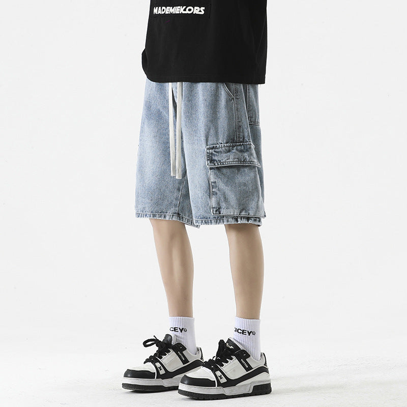 Trending Men's Elastic Waist Denim Cargo Shorts - Oversized Street Style with 6 Pockets, Unisex Baggy Fit for Travel Gym Hiking