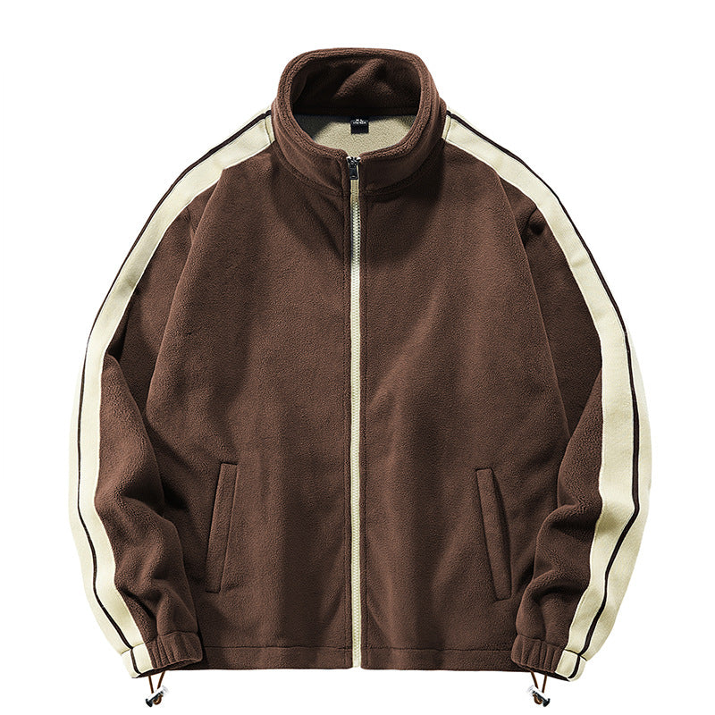 2025 Men's Thermal Fleece Jacket - Windproof Heavyweight Coat with Stand Collar & Color Block Design for Hiking/Camping