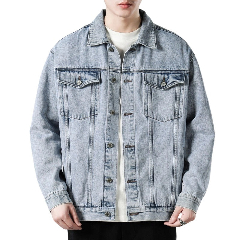 Men's Autumn Black Denim Jacket - Retro Workwear Style with Utility Pockets, Oversized Fit Casual Streetwear