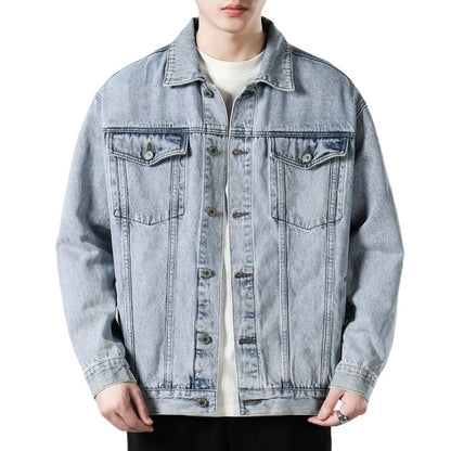 Men's Autumn Black Denim Jacket - Retro Workwear Style with Utility Pockets, Oversized Fit Casual Streetwear