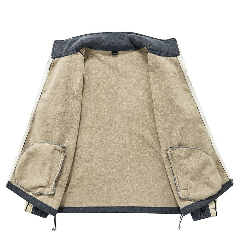 2025 Men's Thermal Fleece Jacket - Windproof Heavyweight Coat with Stand Collar & Color Block Design for Hiking/Camping