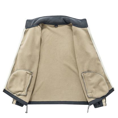 2025 Men's Thermal Fleece Jacket - Windproof Heavyweight Coat with Stand Collar & Color Block Design for Hiking/Camping