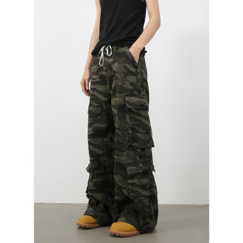 Men's Streetwear Vintage Camo Cargo Pants Wide Distressed Jeans American Retro High Street Loose Straight Wide Leg Oversized Trousers
