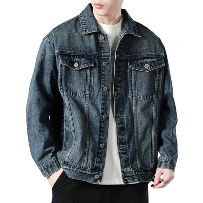 Men's Autumn Black Denim Jacket - Retro Workwear Style with Utility Pockets, Oversized Fit Casual Streetwear