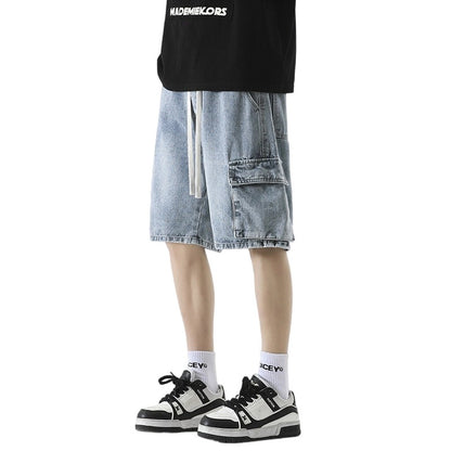 Trending Men's Elastic Waist Denim Cargo Shorts - Oversized Street Style with 6 Pockets, Unisex Baggy Fit for Travel Gym Hiking