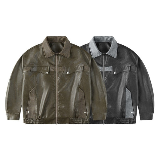 PU Leather Biker Jacket - Vintage Hip-Hop Color Block Streetwear Coat | Unisex Oversized Fit for Men & Women