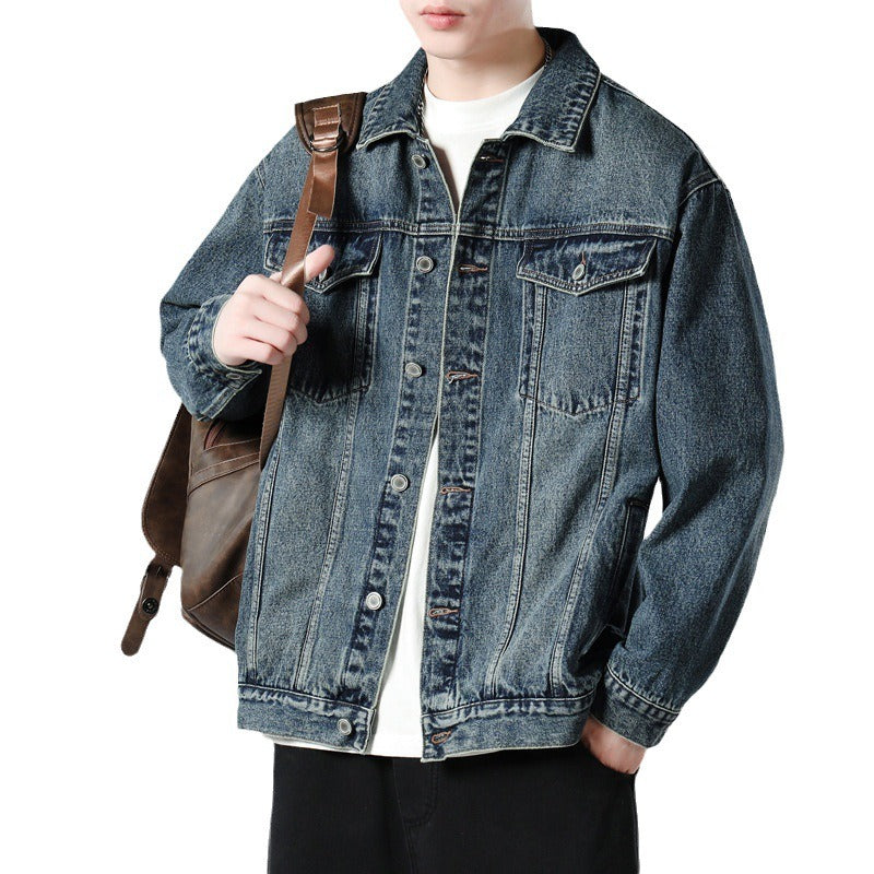 Men's Autumn Black Denim Jacket - Retro Workwear Style with Utility Pockets, Oversized Fit Casual Streetwear