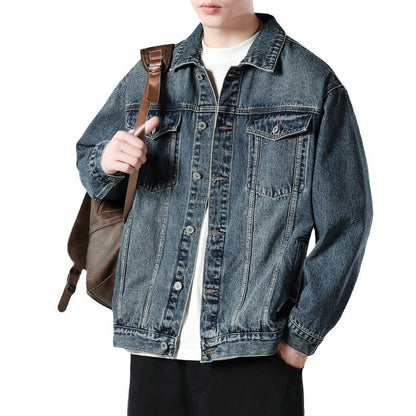 Men's Autumn Black Denim Jacket - Retro Workwear Style with Utility Pockets, Oversized Fit Casual Streetwear