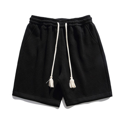 Japanese-Style Heavyweight Cotton Jacquard Drawstring Shorts - Men's Relaxed Casual Summer Shorts with Tassel Detail