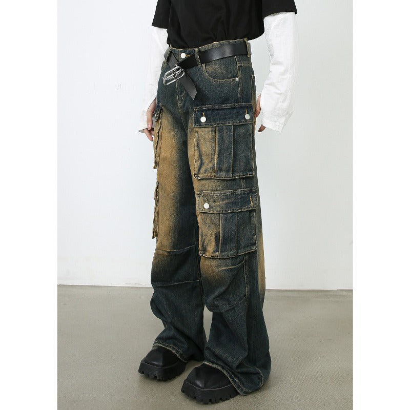 Vintage Cargo Jeans Men's Retro Utility Workwear Pants - Relaxed Straight Leg, Multi-Pocket Design & Comfort Stretch Fit- High Street Urban Streetwear