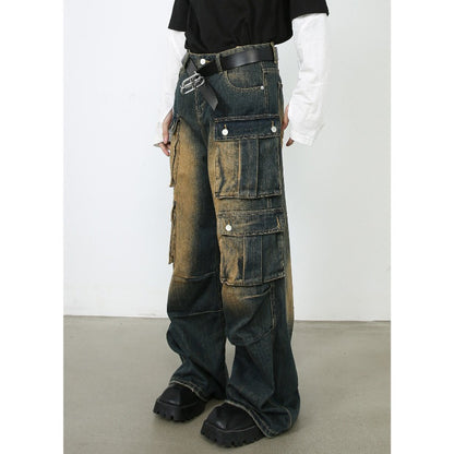 Vintage Cargo Jeans Men's Retro Utility Workwear Pants - Relaxed Straight Leg, Multi-Pocket Design & Comfort Stretch Fit- High Street Urban Streetwear