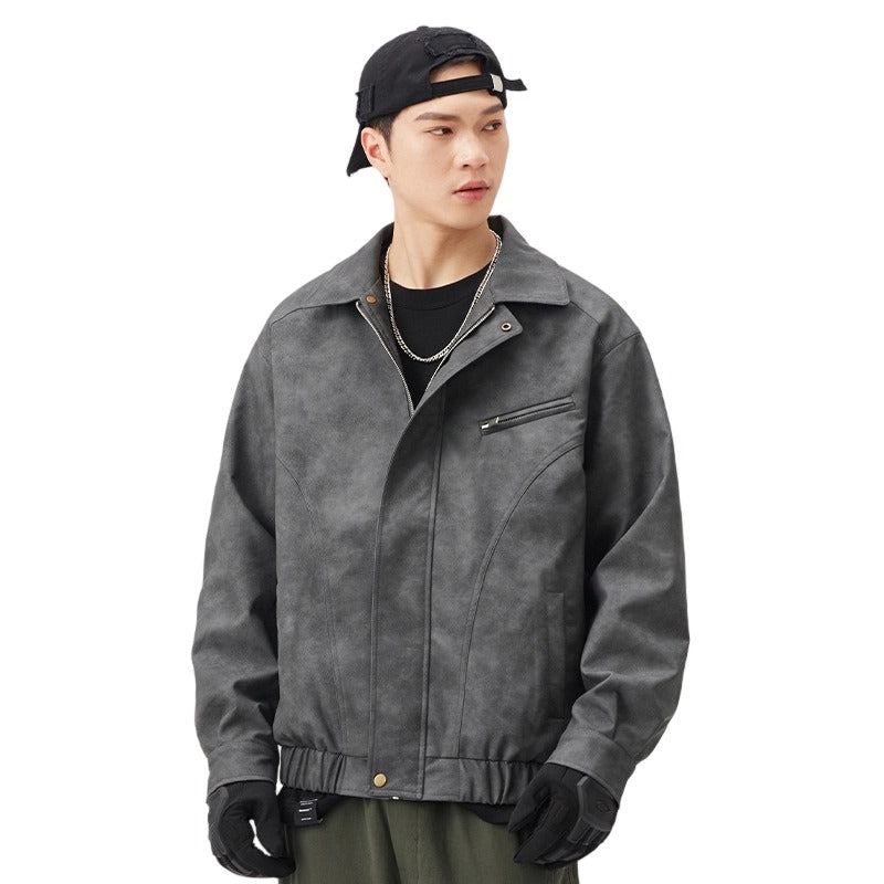 Premium Men's Retro PU Suede Bomber Jacket - Distressed Utility Coat, Spring/Autumn 2025