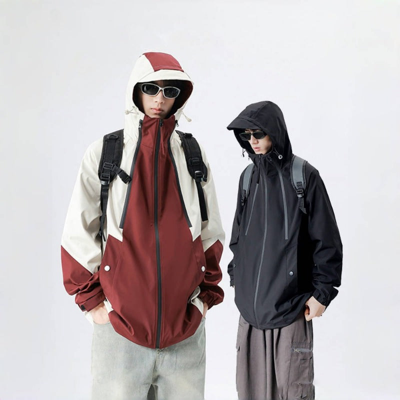 Outdoor Jacket - Waterproof Windproof Lightweight Hiking Coat with Color-Block Design & Multi-Pocket